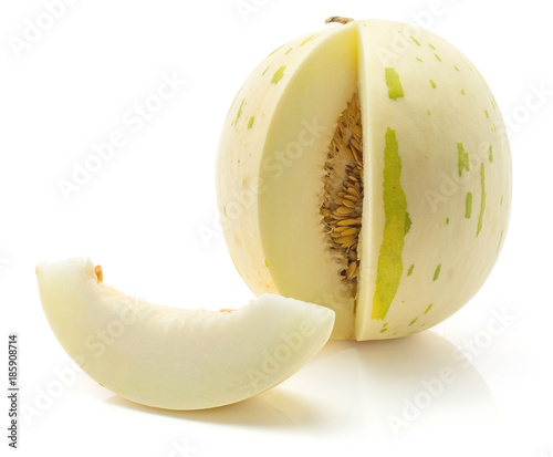 Sliced melon (Piel de Sapo, Honeydew) isolated on white background one cut open with separated slice.