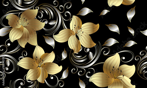 3d golden flowers seamless pattern. Floral background. Vintage 3d wallpaper. Swirl line art tracery floral ornaments. Ornate surface vector texture. Silver leaves, dots, gold 3d flowers with shadows