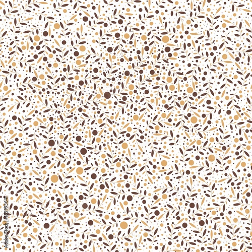 Pattern in leaves and dots in brown color. Wallpaper in brown. Twigs and leaves on a white background.
