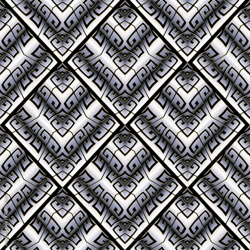 Modern greek key seamless pattern. Abstract black white striped meander background. 3d wallpaper. Geometric trendy tiled ornaments, shapes, rhombus, frames, zigzag figures. Tribe vector texture