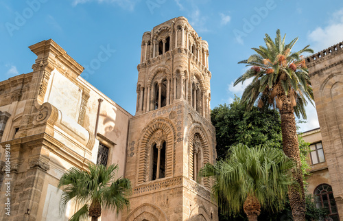 View of the baroque facade with the Romanesque belltower of Santa Maria dell'Ammiraglio Church known as Martorana Church, Palermo, Italy 