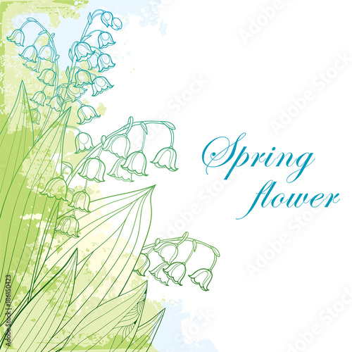Vector bouquet with outline Lily of the valley or Convallaria flower and leaf in pastel green and blue on the white background. Ornate May bells flowers in contour style for greeting spring design.