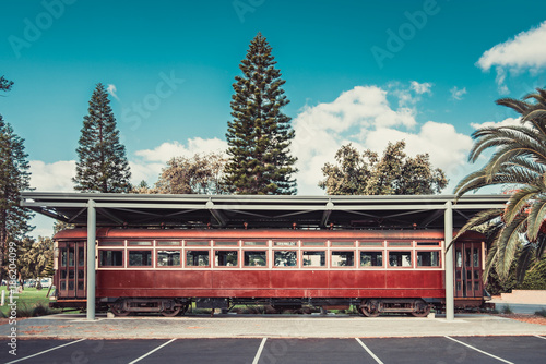 Old red rattler tram in Glenelg on display