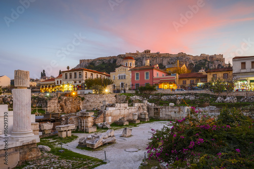 Remains of Hadrian's Library and Acropolis in the old town of Athens, Greece. 