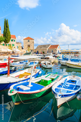 View of Bol port with colorful fishing boats, Brac island, Croatia