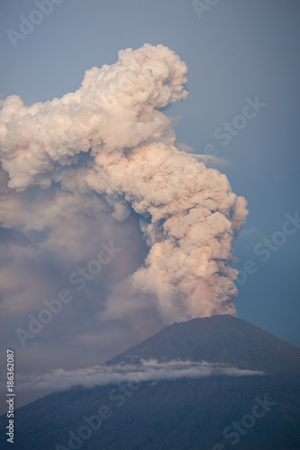 Mount Agung volcano erupting in Bali Indonesia. 