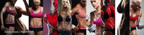 collection of female sport bodies. Collage muscular girls