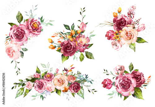 Set Watercolor flowers. Hand painted floral illustration. Bouquet of flowers red rose. Design arrangements for textile, greeting card. Abstraction branch of flowers isolated on white background.