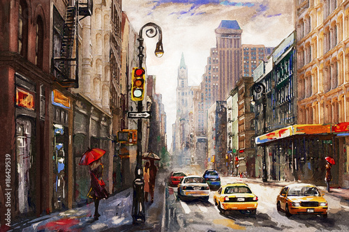 oil painting on canvas, street view of New York, man and woman, yellow taxi, modern Artwork, American city, illustration New York