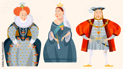 History of England. Queen Elizabeth I, King Henry VIII, Queen Victoria.