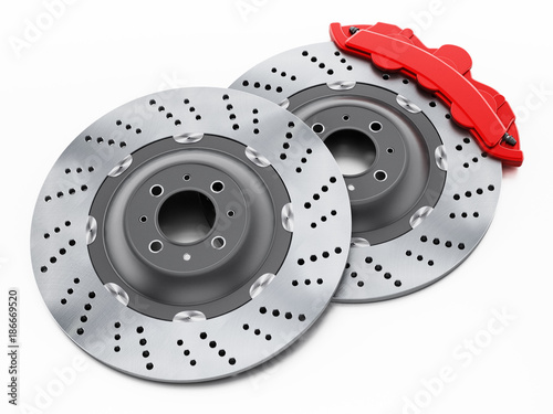 Car brake discs and red calipers isolated on white background. 3D illustration