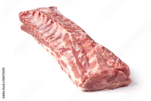 Fresh raw pork loin with ribs, isolated on white background.