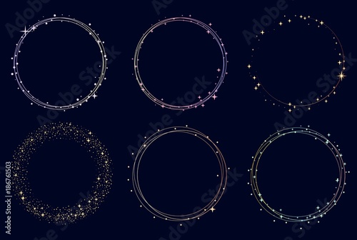 Starry colorful wreaths, round frames. Stars and circles, logo templates