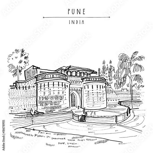 Pune (Puna, Poona), Maharashtra, India. Shaniwar Wada fort, historical place, built in 1732. Travel sketch art. Vintage hand drawn postcard in vector