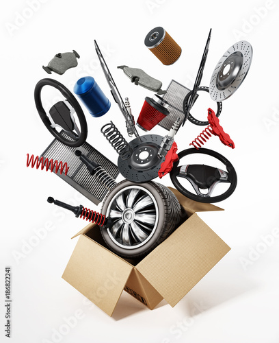Auto spare parts standing on white background. 3D illustration