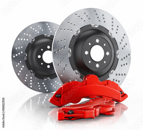 Car brake disc and red caliper isolated on white background. 3D illustration