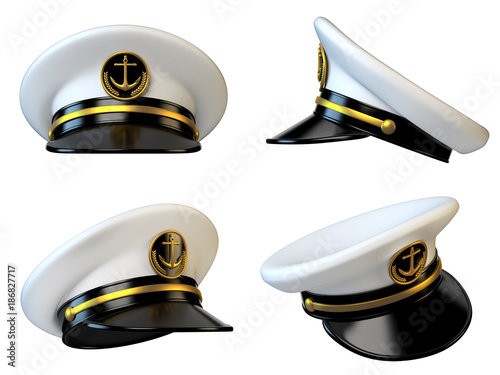 Navy cap, ship officer, admiral, sailor, naval captain hat various views 3d rendering