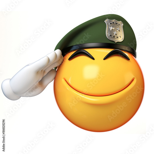 Emoji army solider isolated on white background, military emoticon wearing beret saluting 3d rendering