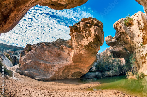 A picturesque oasis of Ein Yorkeam in the Negev Desert. Israel.