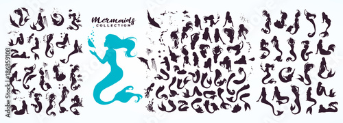 Set: ink sketch collection of mermaids and siren creator, isolated on white. Hand drawn realistic sketch of singing, sitting, floating, dancing... mermaid and sea life. Vector illustration.