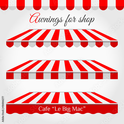 Striped Awning Tent for Shop in Different Forms. Roof Canopy. Red and White Striped Awning with Sample Text. Cafe or Market Tent, Design Decoration Element. Striped Awning Border. Design Element Set.