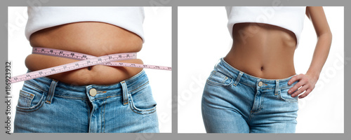 Woman's body before and after weight loss. Diet concept