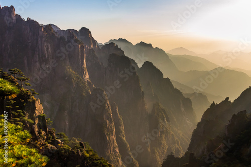 Sunset from the Cloud dispelling Pavilion on Mt Huangshan Yellow Mountain), Anhui, China. Mt Huangshan is one of the most famous of China and has inspired hundreds of poets and painters