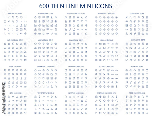 600 vector thin line mini icons set. Thin line simple outline icons, 24x24px grid. Pixel Perfect. Editable stroke.