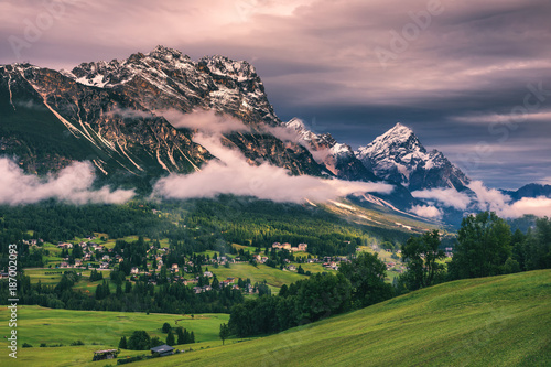 Panorama of Boite Valley with Monte Antelao, the highest mountain in the eastern Dolomites in northeastern Italy, southeast of the town of Cortina d'Ampezzo, in the region of Cadore, Italy.