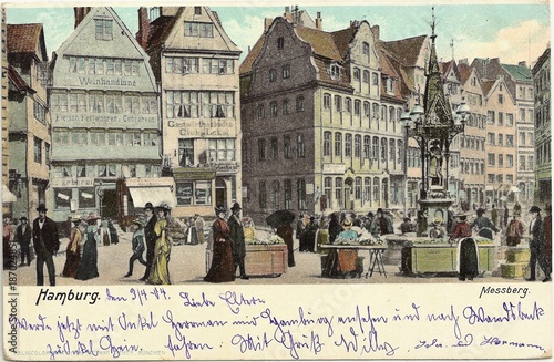 Marktszene auf dem Hamburger Meßberg 1904 (original gelaufene Postkarte)