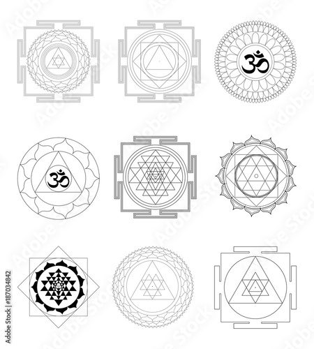 Sacred Indian Geometry Mystical Meditative Diagram Symbol - Set Vector Yantras 