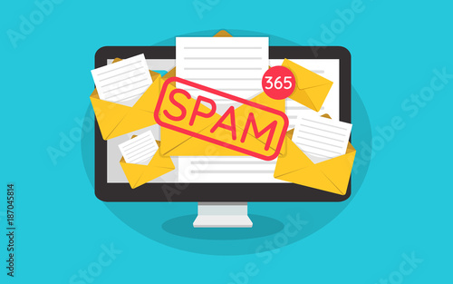 Spamming mailbox concept, a lot of emails on the screen of a monitor. Email box hacking, spam warning. Vector Illustration