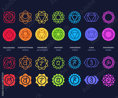 Chakra symbols set on dark background