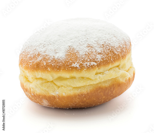 Traditional doughnut (Sufganiyah) isolated on white background one fresh baked with powered sugar and without hole.