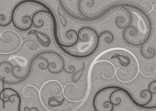 Shades of gray paisley type pattern with some having a contrasting text area either in rectangular or oval form bordered by faux beads.