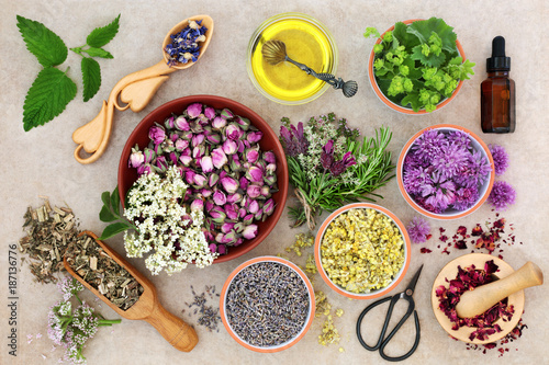 Herbal medicine preparation with fresh herbs and flowers, aromatherapy essential oil, mortar with pestle and scissors on hemp paper background. Top view.