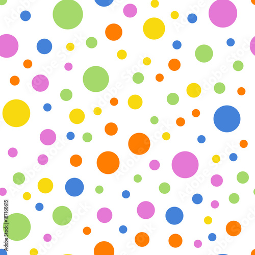 Colorful polka dots seamless pattern on white 2 background. Pleasing classic colorful polka dots textile pattern. Seamless scattered confetti fall chaotic decor. Abstract vector illustration.