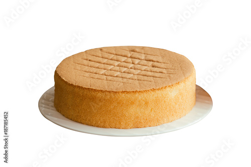 Homemade chiffon or sponge cake on white plate on white isolated background with clipping paths. Homemade bakery concept to present foam type cake so soft and lite good smell and delicious.