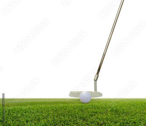 Putter and golf ball on green isolated on white background with space for text