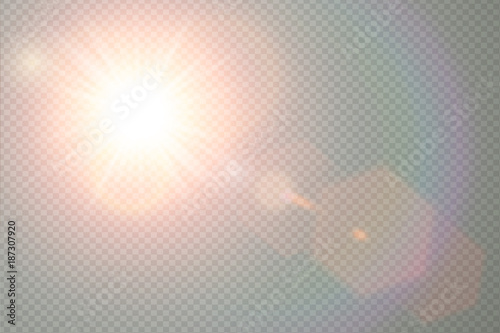 Vector transparent sunlight special lens flare light effect. Sun flash with warm rays and spotlight. Abstract translucent decor element design. Isolated star burst in sky.
