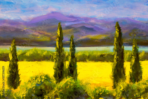 Painting Italian tuscany cypresses landscape field mountains bushes horizontally art