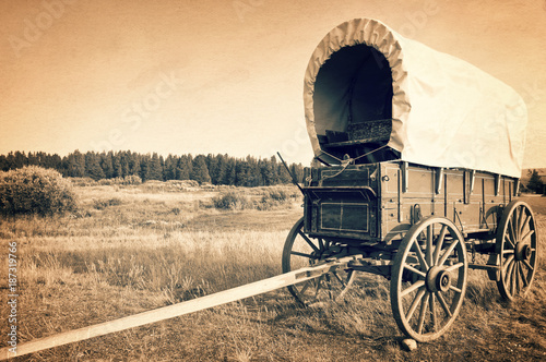 Vintage american western wagon, sepia vintage process, West American cowboy pioneer times concept