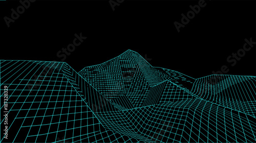 Abstract digital landscape. Wireframe landscape background. Big Data. 3d futuristic vector illustration.