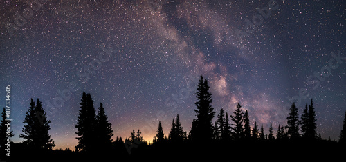 Milky Way Panorama. A silhouette of a forest in the wilderness. Light pollution can be seen in the distance. 