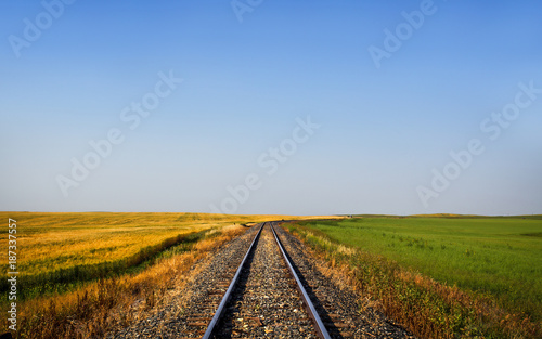 A railway track curving in the distance between ripening fields in a prairie summer rural countryside landscape