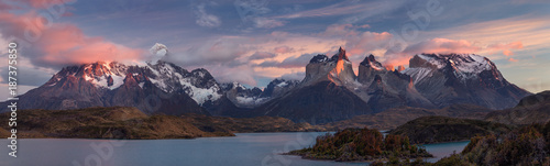 The Torres del Paine National Park. Scenic panorama landscape: mountains, glaciers, lakes and rivers in southern Patagonia, Chile.
