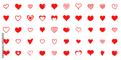 Design red heart shapes icons set. Simple illustration of 50 heart love day valentine vector icons for web