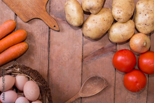 vegetables autumn food on wooden background, vintage