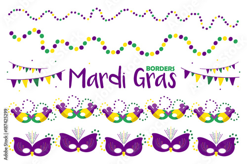 Set, collection of vector hand drawn borders for Mardi Gras party design with colorful masks, beads and flags.