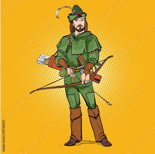 Robin Hood in a hat with feather. Defender of weak. Medieval legends. Heroes of medieval legends. Halftone background.